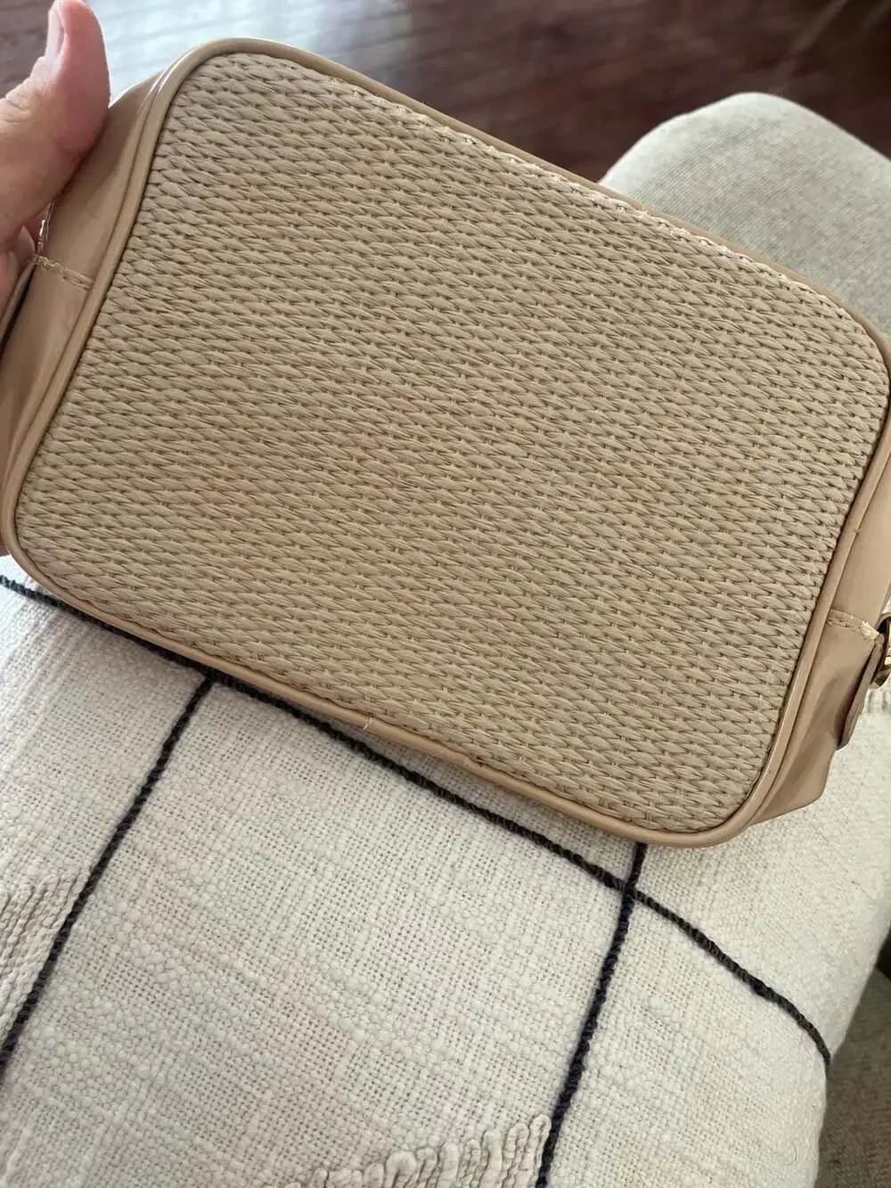 Versace Parfums Beige Woven Straw and Patent Leather Cosmetic Pouch Vanity Bag